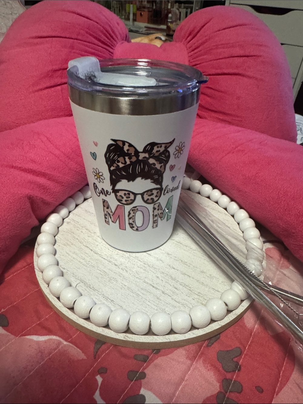 One Loved MOM Leopard Accent Stainless Tumbler - White 16 oz